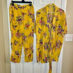 Dance & Marvel Boho Yellow Floral Botanical  Kimono and Pant Pajama Set Sz M